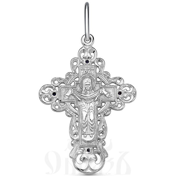крест «распятие, покров божией матери», серебро 925 проба с фианитами и родированием (арт. 3-044-8)